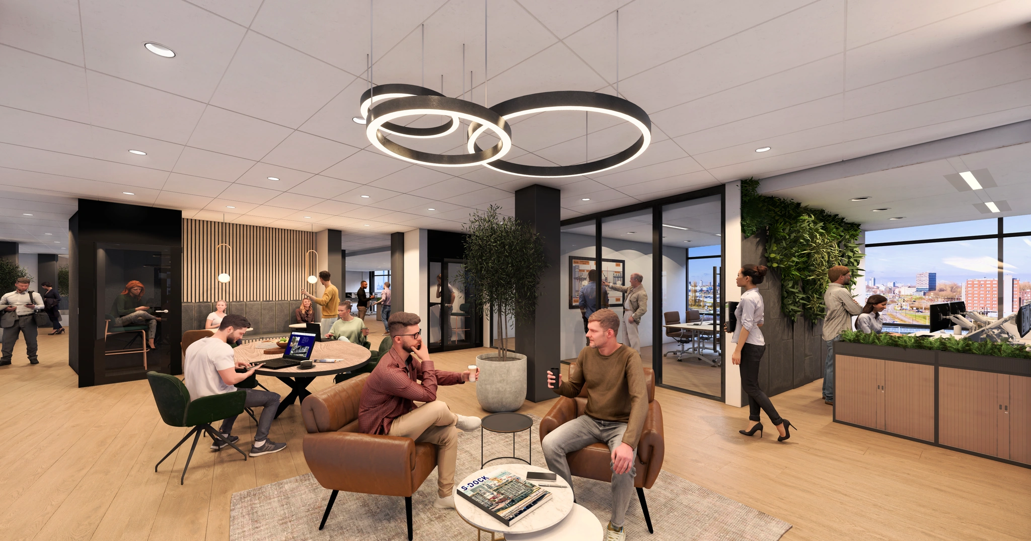 Moderne open kantoorruimte aan de Karel Doormanweg met mensen in overleg, werkend en ontspannend in een stijlvolle, groene omgeving.